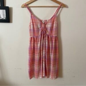 BP. Plaid Cottagecore Sundress Adjustable Straps Ruched Tie Tunic Dress Boho S
